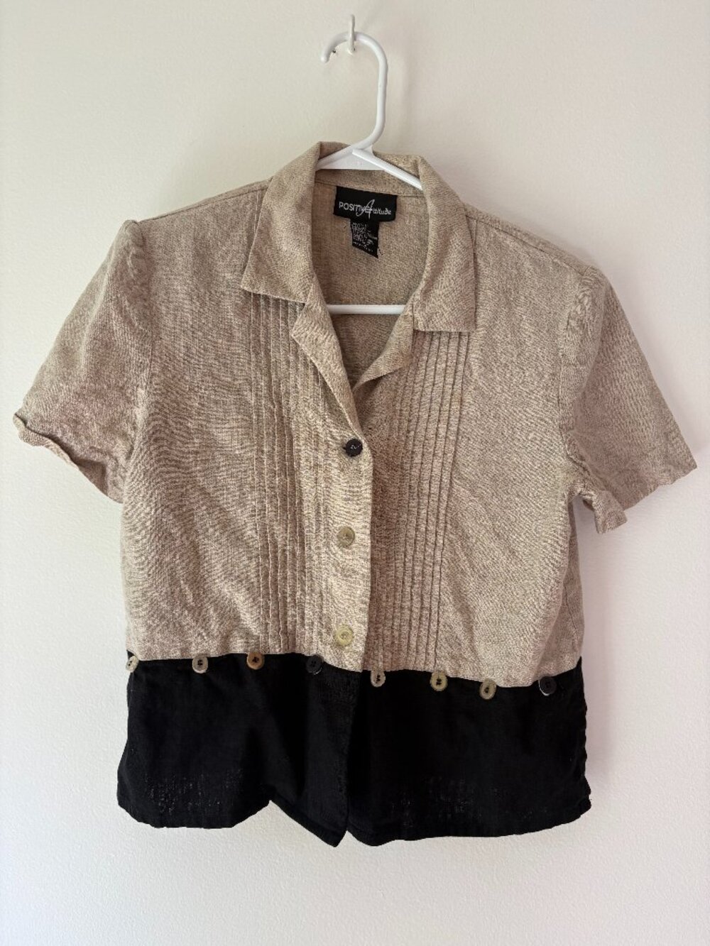 Vintage Positive Attitude Colorblock Linen Blend Pleated Crop Blouse - Size 4P